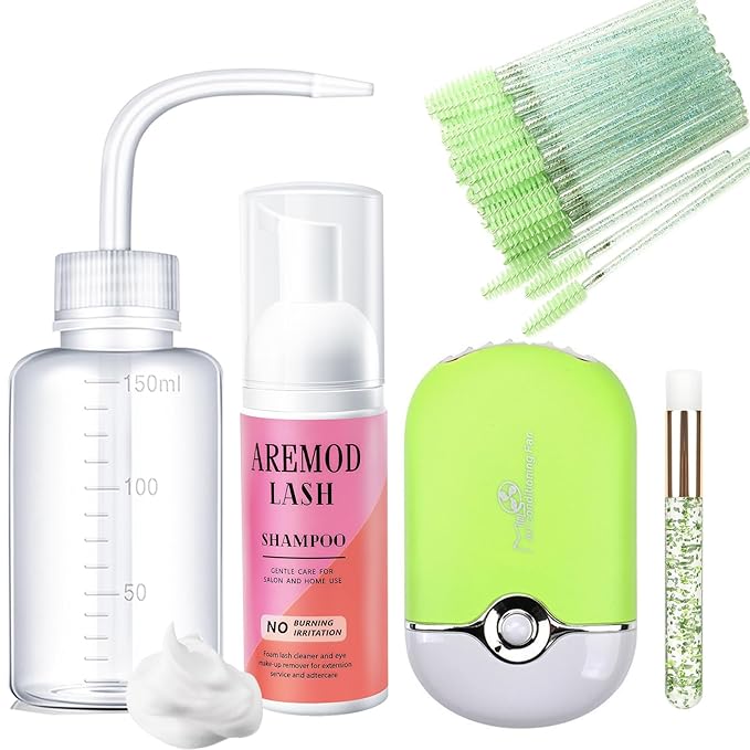 Lash Extension Cleanser, Lash Shampoo Cleaning Kits with Lash Fan, 60ml Lash Shampoo,Cleaning Brush and Wash Bottle for Lash Bath(Green)