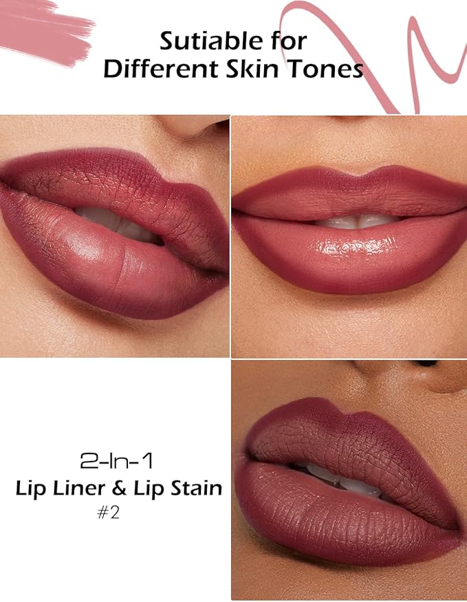 Double-headed Lip Liner Stain Long Lasting Waterproof 2 Colors Liquid Lip Liner Pencil Marker High Pigmented Smooth Application Precise Pen-Like & Chisel Tip Hydrating Lipstick for Women, 02