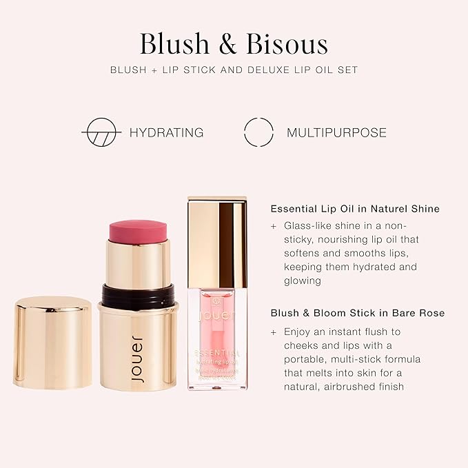 Jouer Blush & Bisous Cheek & Lip Set - Cream Blush - Moisturizing Dry Lip Serum - Clear Lip Oil