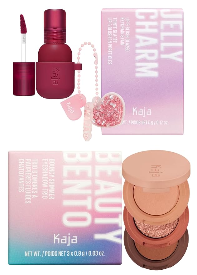 Kaja Lip & Blush Glazed Keychain Stain - Jelly Charm 01 Cherry Spritz + Beauty Bento Collection - Bouncy Eyeshadow Trio 10 Spiked Ginger, 0.03 Oz Bundle