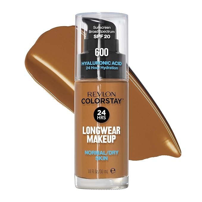 Revlon Liquid Foundation, ColorStay Face Makeup for Normal & Dry Skin, SPF 20, Longwear Medium-Full Coverage with Natural Finish, 600 Cinnamon, 1 Fl Oz