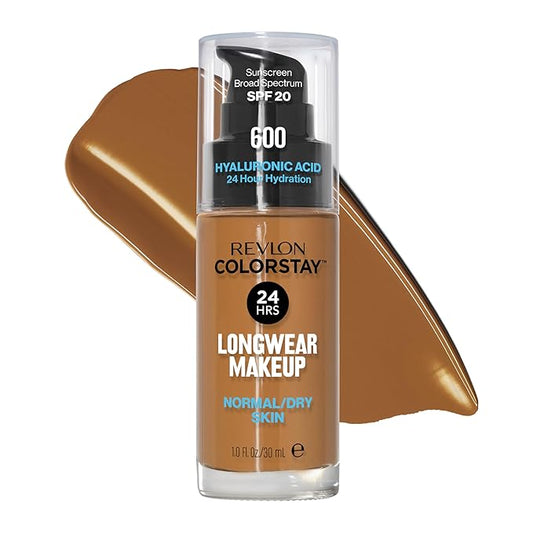 Revlon Liquid Foundation, ColorStay Face Makeup for Normal & Dry Skin, SPF 20, Longwear Medium-Full Coverage with Natural Finish, 600 Cinnamon, 1 Fl Oz