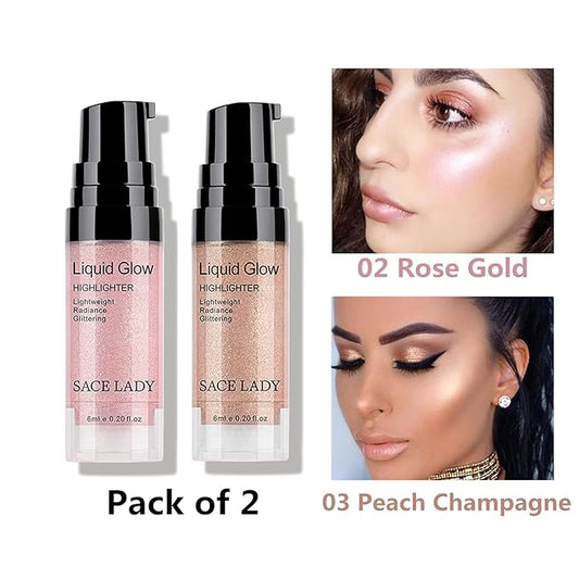 SACE LADY 2 Colors Liquid Highlighter Makeup Set Shimmer Shine Ultra-Smooth Radiant Illuminator Kit for Face Cheekbone Body Glow Bronzer Glitter Illuminating Highlighters Make-up, 2×0.2Fl Oz