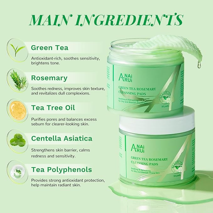 ANAI RUI Green Tea Rosemary Cleansing Pads with CICA Tea Tree Oil, Face Scrub Pads with Bubbles, Exfoliating Deep Cleansing Pad for Face and Body, Make-up Remover Wipes, 50pcs