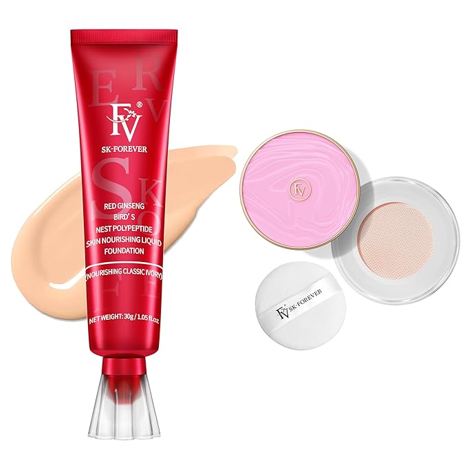 FV Foundation, Hydrating Nourishing Classic Ivory Liquid Foundation with FV Setting Powder, Lightweight Sooth Poreless Matte Ivory Makeup Powder