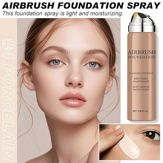Airbrush Foundation Makeup Spray, Long-lasting Silky Mist Foundation Spray with Brush, Flawless Coverage Foundation for Smooth Radiant Skin, Formula Breathable Moisturizing Makeup (04 Porcelain)