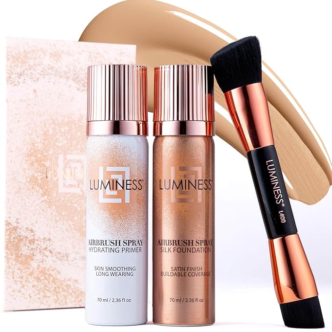 LUMINESS Airbrush Flawless 4-PC Makeup Kit - Includes Eyeshadow Palette, Airbrush Foundation, Primer & Makeup Brushes - Long-Lasting, Silky, Easy to Blend Make Up Set, Travel Size (03 - Light Medium)