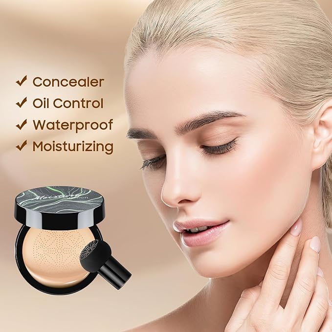 Air Cushion CC Cream Foundation - Mushroom Head BB Cream Face Makeup Moisturizing Concealer Brighten Long-Lasting, Even Skin Tone for All Skin Types (Natural, 1 PCS)