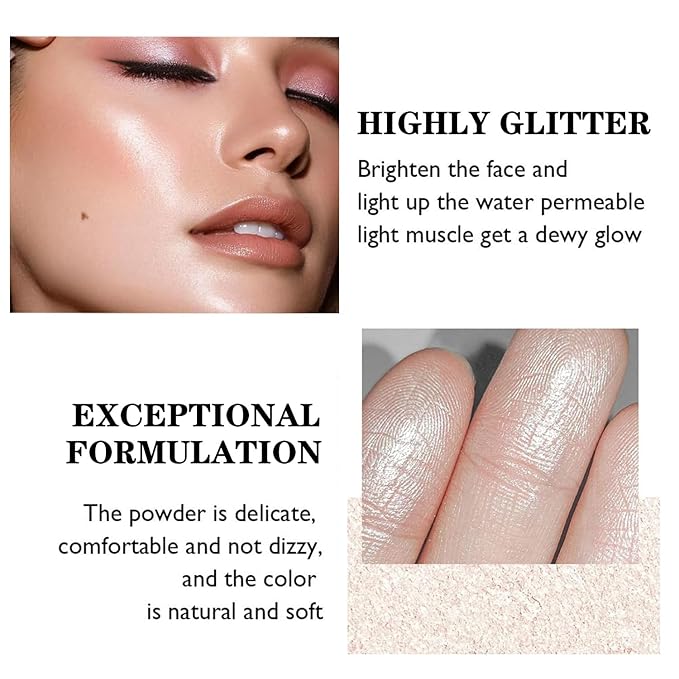 Professional Face Highlighter Palette,Pearl Shimmer Smooth Baked Powder, Lasting Sparkling Highlighter Makeup-Rose Gold