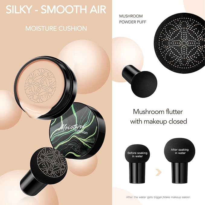 Mushroom Head Air Cushion CC Cream Foundation, Moisturizing BB Cream Face Makeup Foundation Long-Lasting Coverage of Blemishes, Matte Even Skin Tone Nude Makeup Base Primer (01# Lvory)