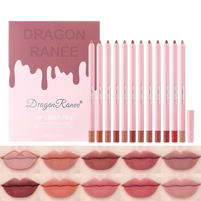 12 Colors High Pigmented Smooth Lip Liner Set, Long Lasting Fade Resistant Lip Pencil, Smudge-proof & Waterproof Red Nude Matte Velvet Lipstick Pen, Professional Lip Liner Set
