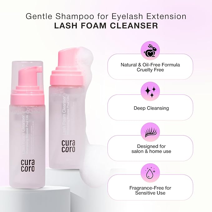 CURACORO 60ML Eyelash Extension Cleanser (Unscented) - Lash Shampoo for Lash Extensions, Eyelash Extension Foam Cleanser for Sensitive Skin, Removes Waterproof Makeup for Professional & Home Use