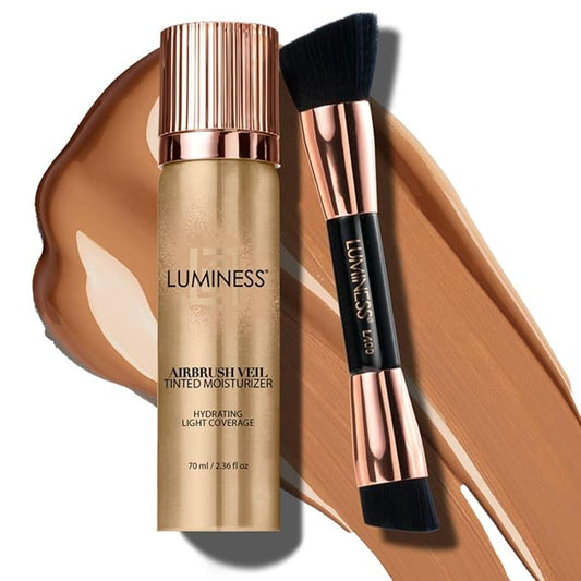 LUMINESS Airbrush Veil Tinted Moisturizer with Buffing Brush, Tan 100 - Lightweight, Hydrating & Skin-Plumping Face Moisturizer Spray - Facial Skin Tint with Hyaluronic Acid, Ceramides & Aloe