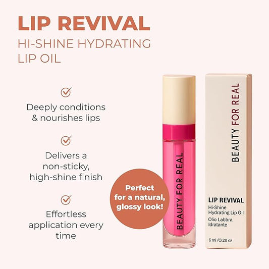 Beauty For Real Lip Revival Hi-Shine Hydrating Lip Oil, Raspberry Beret (Transparent Pink) - Lightweight - Non-Sticky, Shiny Finish - Paraben Free, Cruelty Free, Vegan