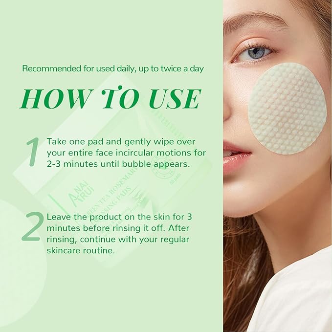 ANAI RUI Green Tea Rosemary Cleansing Pads with CICA Tea Tree Oil, Face Scrub Pads with Bubbles, Exfoliating Deep Cleansing Pad for Face and Body, Make-up Remover Wipes, 50pcs