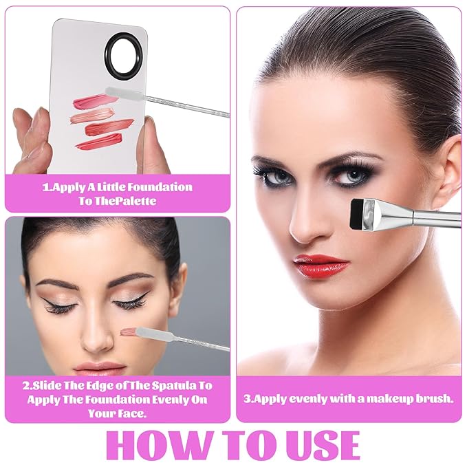3 Pcs Make Up Spatula Tool with Makeup Mixing Palette, Foundation Spatula, Makeup Brush, Makeup Palette Tray, Makeup Accessories for Women Girls Reusable Facial Cosmetic Spatula Tool(Metal)