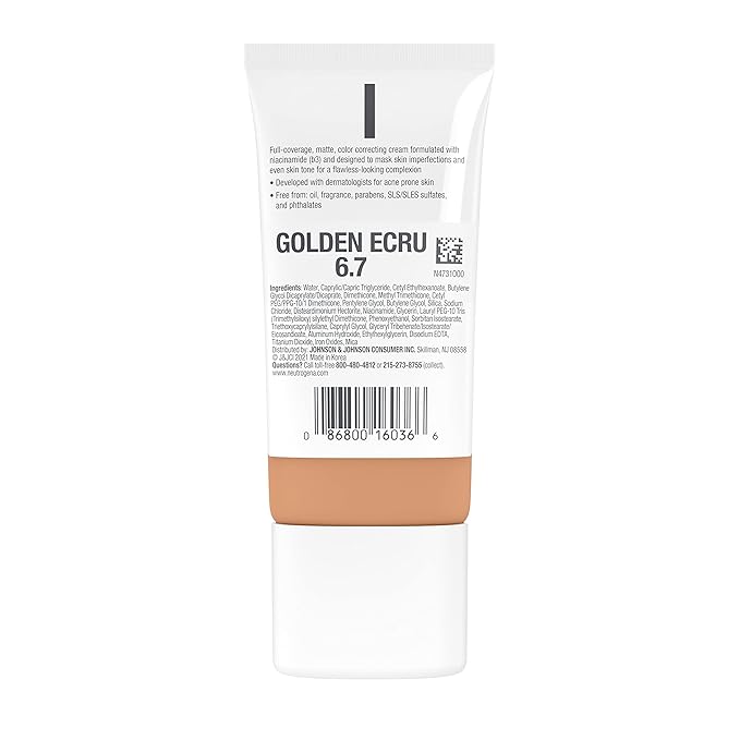 Neutrogena Clear Coverage Flawless Matte CC Cream, Full-Coverage Color Correcting Cream Face Makeup with Niacinamide (b3), Hypoallergenic, Oil Free & -Fragrance Free, Golden Ecru, 1 oz (Pack of 2)