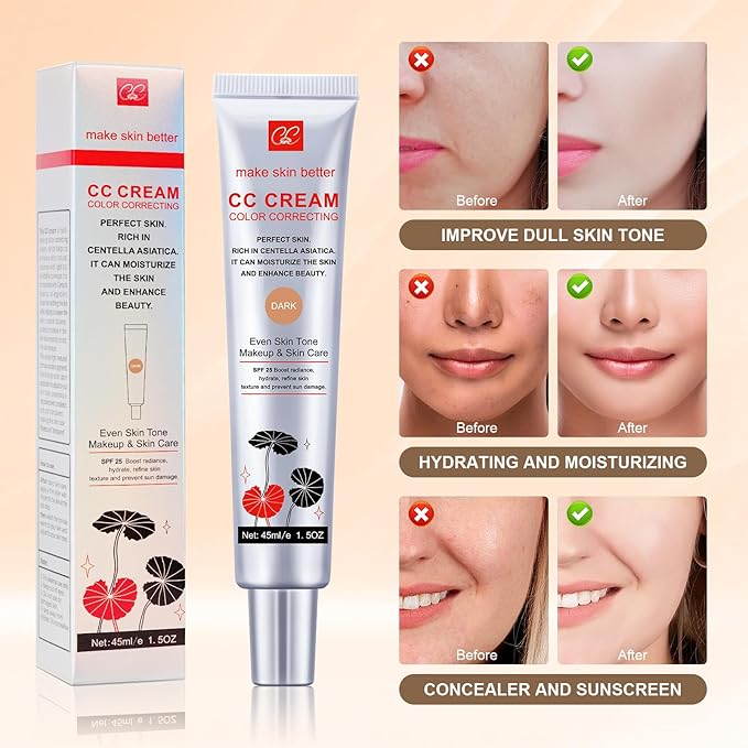 Color Correcting CC Cream with Powder Puff 【SPF 25】, Light & Hydrating CC Cream Foundation with Centella Asiatica, Multi-Purpose for Even Skin Tone, Refine Skin Texture, SPF Protection (Dark)