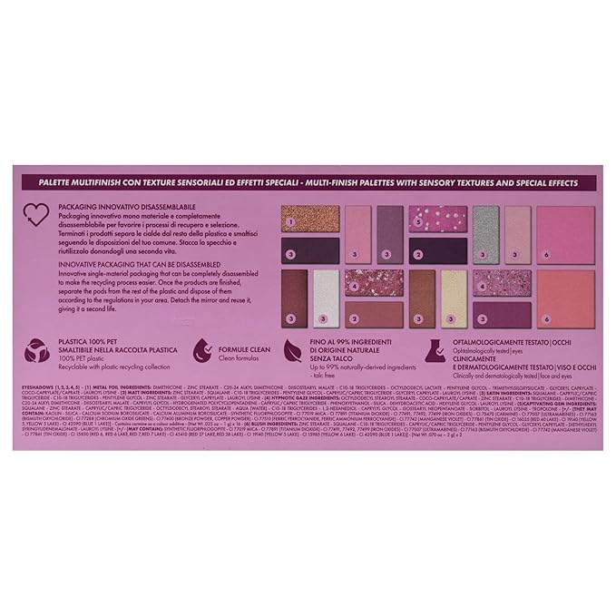 Pupa Milano Make-Up Palette L, 004 Pink, 0.71 oz - 18 Pan Eyeshadow and Blush Palette, Matte, Shimmer, Metallic Finishes - Blendable Velvety Texture Blush Powder - Talc-Free - Eco-Friendly Packaging