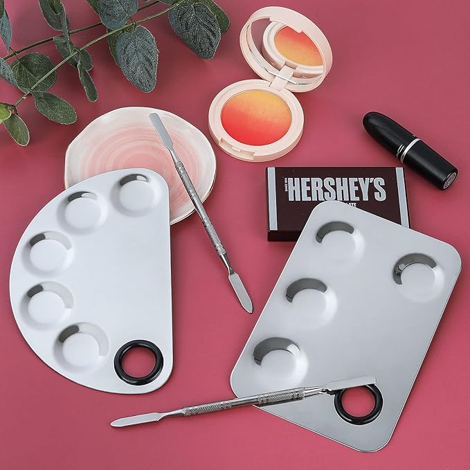 Professional Stainless Steel Makeup Palette,2 Pieces Cosmetic Palette with Spatula Tool, Nail-art Mixing Palette for Cosmetic Pigment Blending
