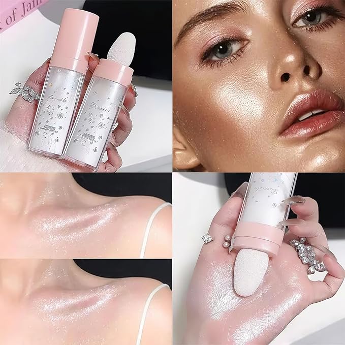 3 PCS Glitter Powder Highlighter Makeup Stick, Pat the Powder Body Highlighter Face Fine Flash Natural Three-Dimensional Contouring Blush Highlighter Stick-White, Pink, Golden brown