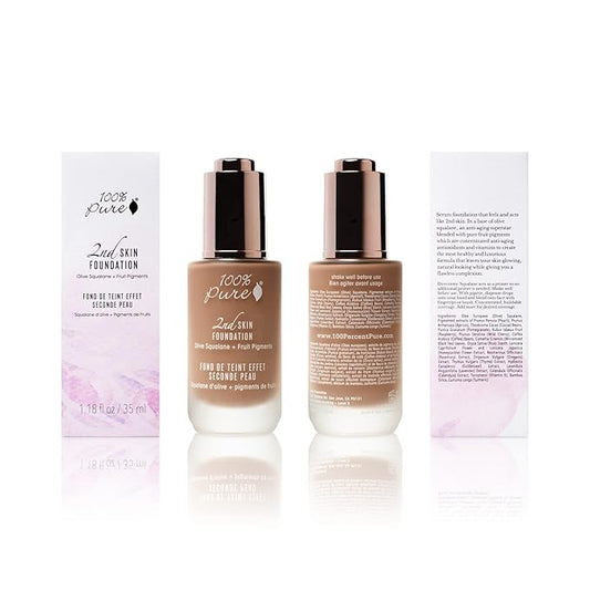 100% PURE 2nd Skin Foundation, Shade 6, Full Coverage, Lightweight, Blendable Formula, Satin Finish, Absorbs Oil, Anti-Aging, Natural, Vegan Makeup (Neutral w/Cool Undertone) - 1.18 Fl Oz