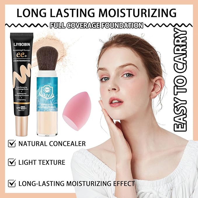 Hydrating CC Cream with Makeup Sponge,Waterproof Flawless Concealer Full Coverage BB Cream and Loose Setting Powder,Long Lasting Full Coverage Liquid Foundation for Men & Women(2 Pcs)