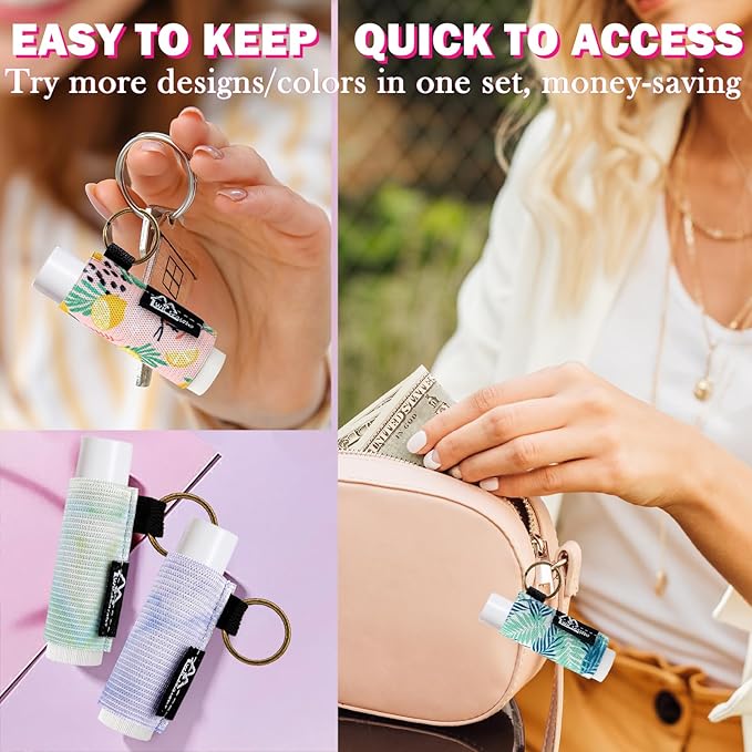 WK IEASON - Lip Balm Holder Keychain Clip On Lipstick Sleeve Chapstick Sleeve Holder Keychain (strip print)
