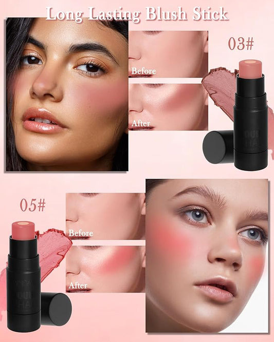 Cream Blush Stick for Cheeks-2Pcs Multi-Use Sandwich Makeup Blush Stick for Eyes Lips Face,Longlasting Tinted Matte Blush, Glow Blendable Blusher with Brush,Women's Day Gift for Women-03+05