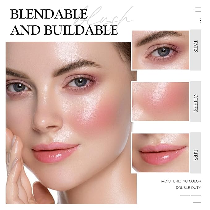 Cream Blush for Cheeks Radiant Finish, Hydrating, Creamy, Lightweight & Blendable Color, Vegan & Smooth Lip Color Balm, Hydrating Vitamin E
