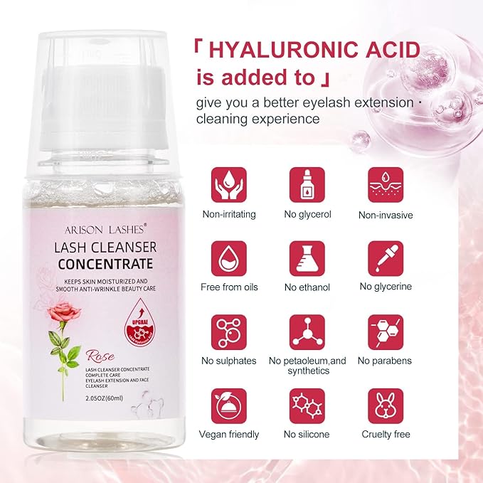 ARISON LASHES Lash Shampoo Concentrate for Lash Extensions 60ML Eyelash Cleanser Concentrate Oil-Free Eyelash Extension Shampoo with Salon Home Care(Rose)