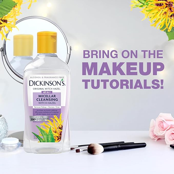 Dickinson's Micellar Cleansing Witch Hazel, An All-in-1 Makeup Remover, Pore Refiner, Skin Cleanser and Toner; Alcohol Free with Aloe, for Sensitive Skin, 16oz (Pack of 2)