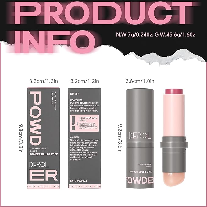 Cream to Powder Blush Stick, Built-In Jelly-like Silicone Makeup Applicator, Buildable & Blendable, Multi-use Blush Makeup Stick for Cheeks, Lips and Eyes, 03 NEVER TOO MUCH