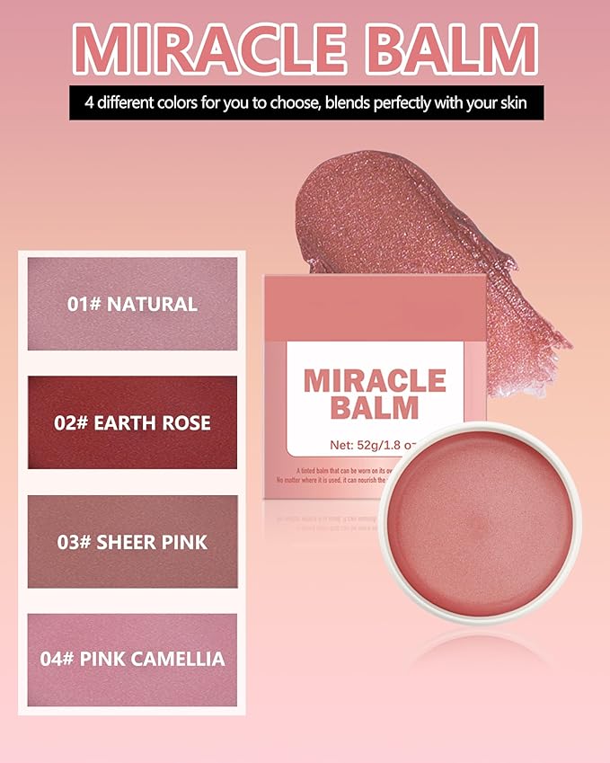 Miracle Glow Balm - Hydrating Tinted Cream Blush, Multi-Use Glow Face Balm Makeup for Cheek & Eye & Lip Tint, Creamy Lightweight Blendable Shimmer Blusher, Radiant Skin Finish, 04# Pink Camellia