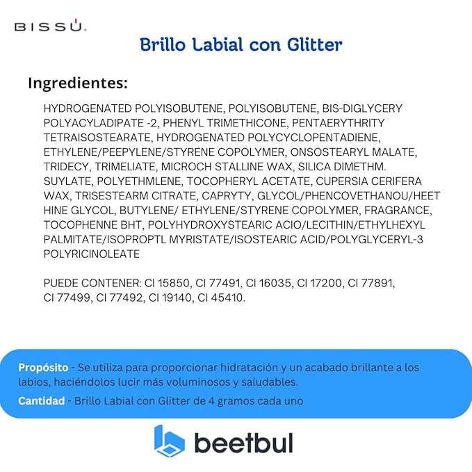 Bissú Glitter Lip Gloss - 6 different Buildable Shades, Non-Sticky, Cruelty-Free, Long-Lasting Shine 0.14 oz (04 Orión, Large)