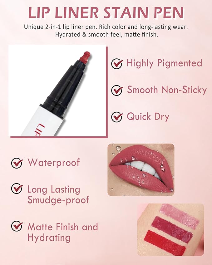 Lip Liner Stain Pen-Pink Matte Waterproof Liquid Lipstick & Lip Liner Pencil, Long Lasting Smudge-Proof Non-Stick Cup Lip Tint Stain, Color Stay All Day, Lipstain Makeup Gift For Women-02#Pink