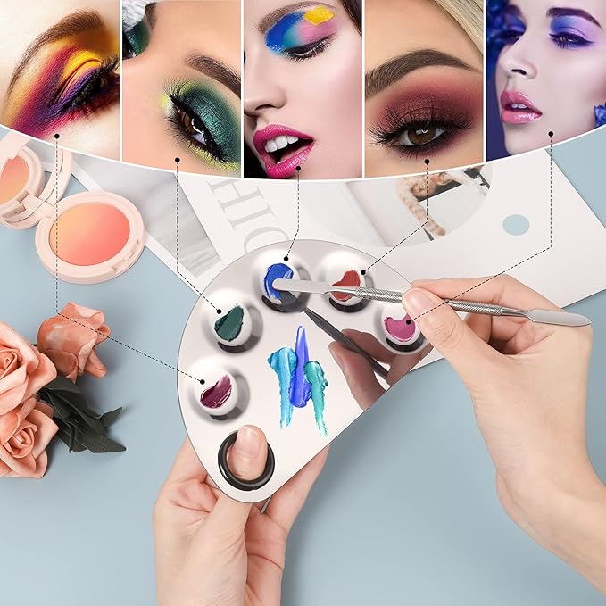 Professional Stainless Steel Makeup Palette,2 Pieces Cosmetic Palette with Spatula Tool, Nail-art Mixing Palette for Cosmetic Pigment Blending