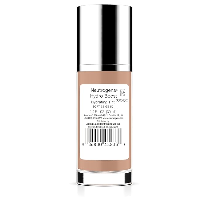 Neutrogena Hydro Boost Hydrating Tint with Hyaluronic Acid, Lightweight Water Gel Formula, Moisturizing, Oil-Free & Non-Comedogenic Liquid Foundation Makeup, 50 Soft Beige, 1.0 fl. oz