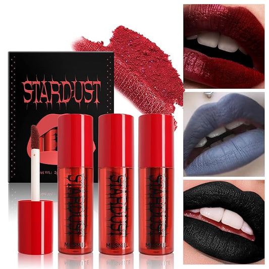 3 Colors Melting Lip Powder Lipstick Velvet Liquid Glitter Lip Gloss Halloween Makeup Kit for Women Long Lasting Highly Pigmented Multi-Purpose Lips Eyes & Cheeks Tint Goth Cosplay (B#)