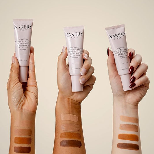 Nakery Full Coverage Foundation for Women - 5 in 1 Plumping Liquid Foundation Makeup - Serum Infused Makeup Foundation Smart Color Adapt with Niacinamide & Hyaluronic Acid for All Skin Types - Deep