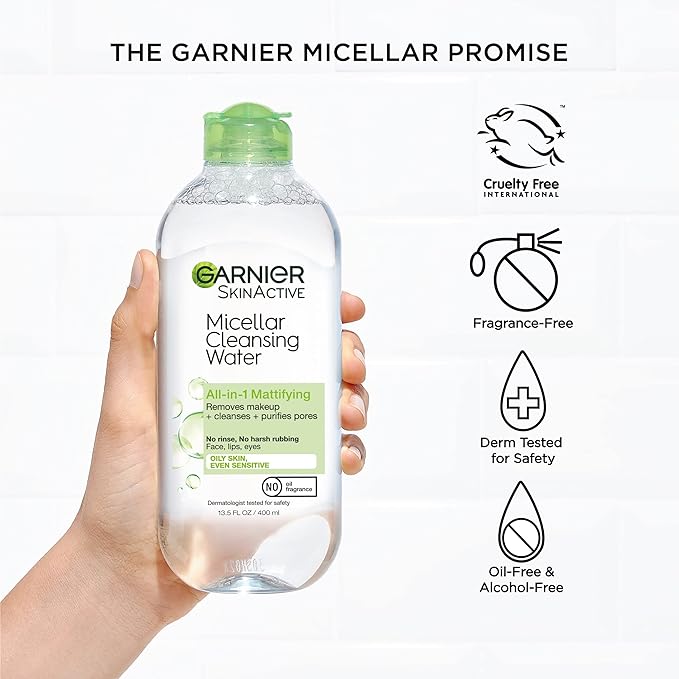 Garnier Micellar Water for Oily Skin, Facial Cleanser & Makeup Remover, Mattifying, For All Skin Types, Vegan, Cruelty Free, 13.5 Fl Oz (400mL), 1 Count