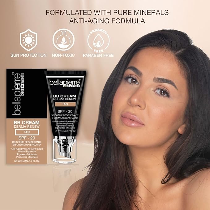 bellapierre BB Cream with SPF 20 - Tinted Sunscreen, Concealer, Matte Foundation, & Moisturizing Face Cream | Lightweight Formula + Pump Top Applicator | Paraben Free | 1.7 Oz - Medium Cool