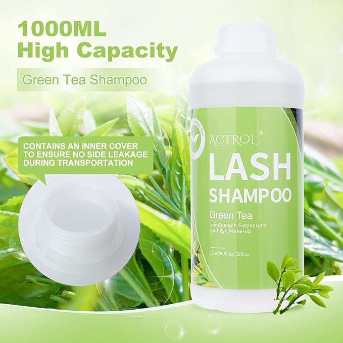 Eyelash Extension Cleanser Green Tea 1L Natural Lash Extension Shampoo Professional Eyelid Foaming Cleanser Paraben & Sulfate Free Non-lrritating with Salon and Home Care