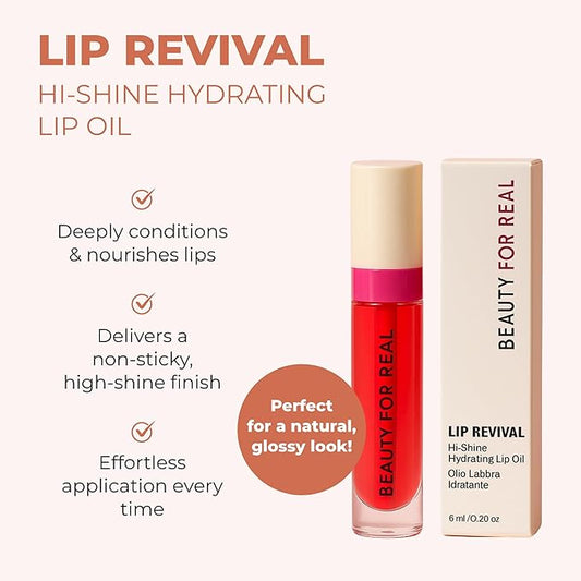 Beauty For Real Lip Revival Hi-Shine Hydrating Lip Oil, Strawberry Fields (Transparent Red) - Lightweight - Non-Sticky, Shiny Finish - Paraben Free, Cruelty Free, Vegan