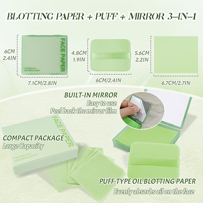 BOROLA 3-in-1 Oil Blotting Paper Set for Face 100 Sheets Oil Absorbing Sheets with Portable Mirror & Adhesive Makeup Puff, Blotting Papers for Oily Skin, Design for Men & Women(Green)