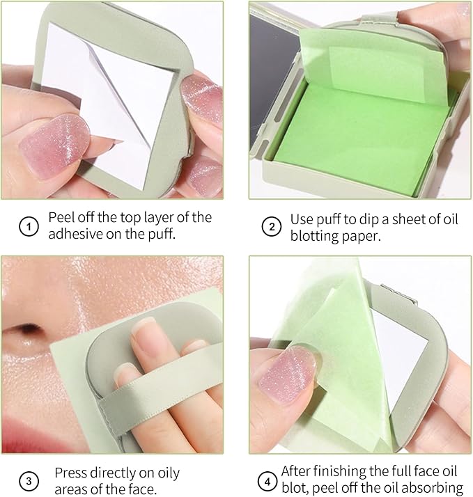 Erinde Oil Blotting Sheets for Face with Mirror and Puff, 100 Sheets Oil Blotting Paper for Oily Skin, Face Oil Absorbing Sheet, Natural Oil Control Film, Absorb Excess Oil, Makeup Friendly