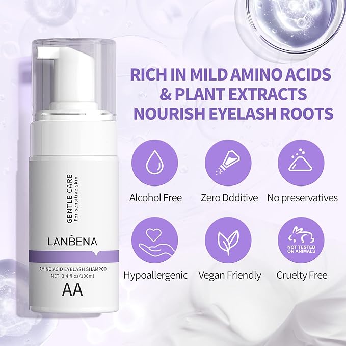 LANBENA Lash and Eyelash Cleanser Kit 100ml - Amino Acid Foam for Sensitive Skin, Makeup Remover, Paraben & Sulfate Free