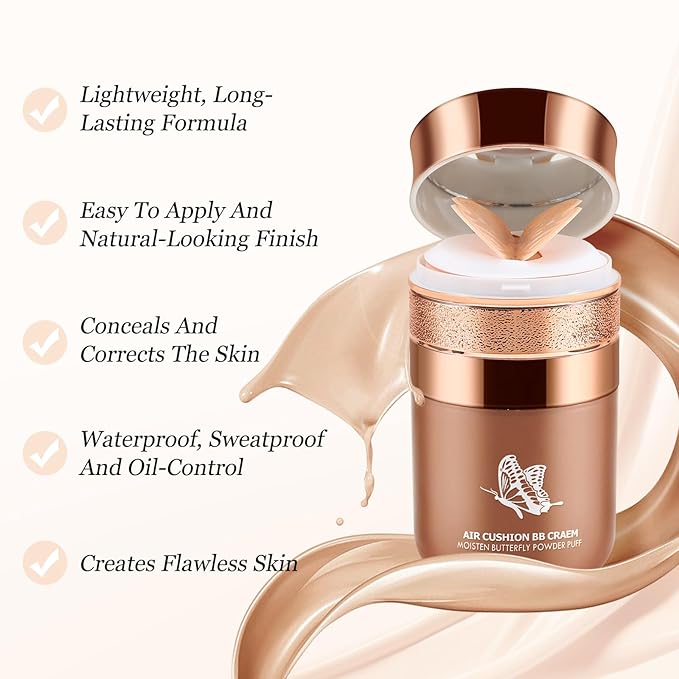Boobeen Air Cushion BB Cream, Lightweight Moisturizing Foundation Face Makeup, Natural Matte Concealer for Dewy Finish, Conceal & Brighten Nude Base Primer Cream to Even Skin Tone, Long Lasting