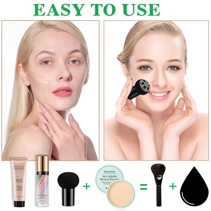 Mushroom Head Air Cushion CC Cream + BB Cream + Tri-color Color Corrector Isolation Cream Foundation Set Moisturizing Full Coverage Foundation Concealer Lasting Foundation Makeup Base Primer(7 Pcs)