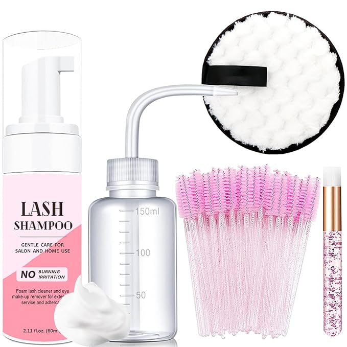 50ml Eyelash Extension Cleanser, Lash Shampoo for Lash Extensions 50pcs Eyelash Brush Cleaning Brush Makeup Remover Pad and Rinse Bottle for Lash Cleaning for Salon Home Use(Pink)
